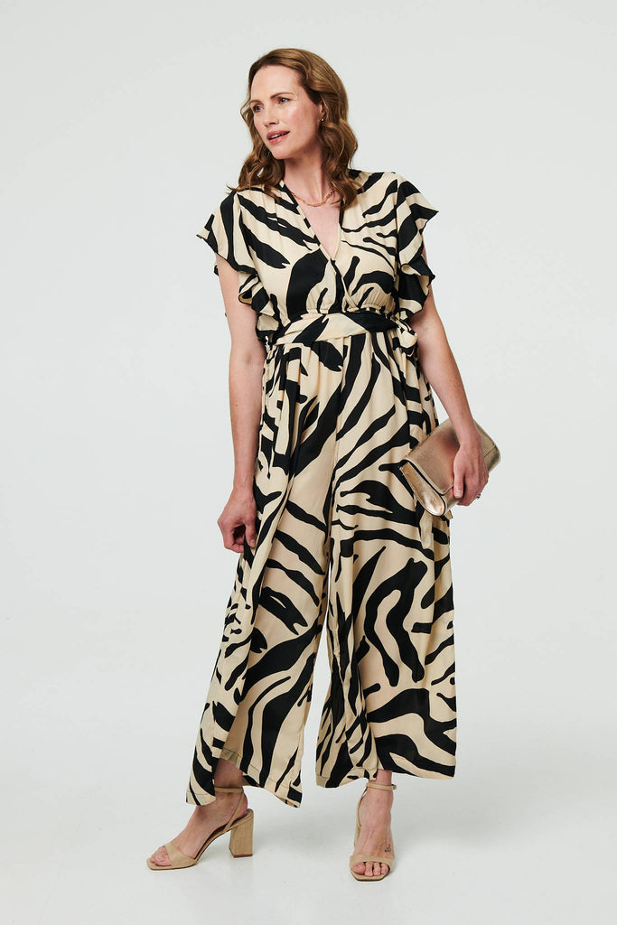 Zebra Print Frilled Cap Sleeve Jumpsuit