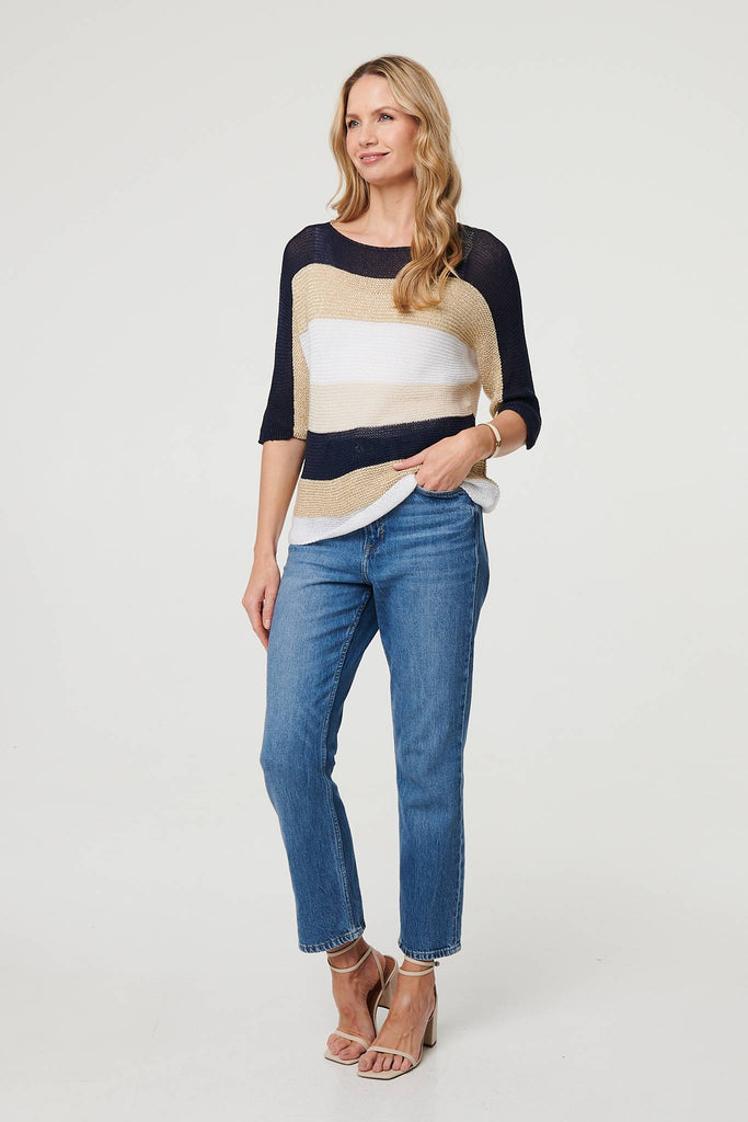 Striped 3/4 Sleeve Mesh Texture Jumper
