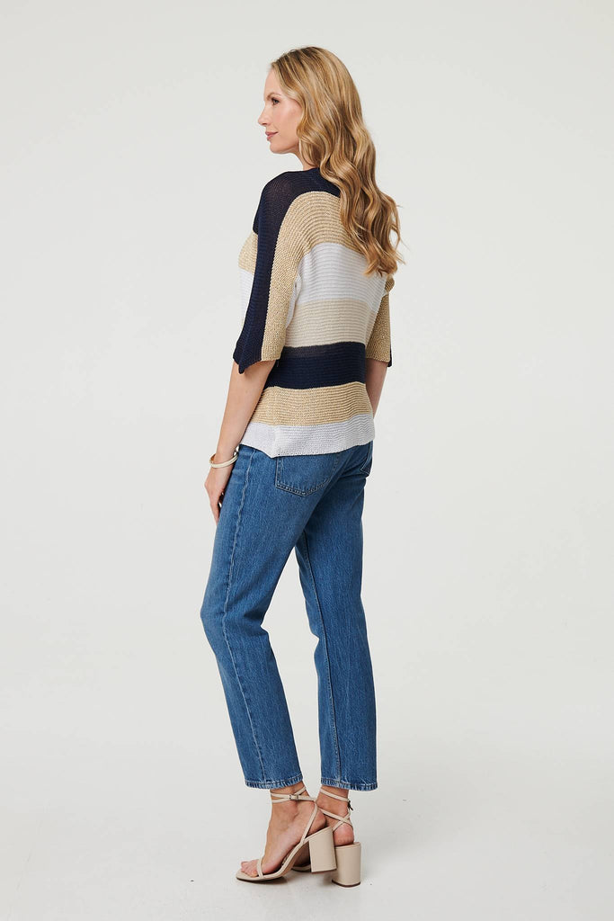 Striped 3/4 Sleeve Mesh Texture Jumper