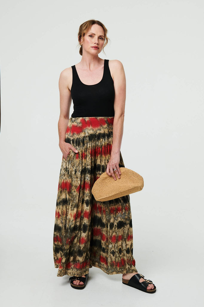 Tie Dye Shirred High Waist Wide Trousers