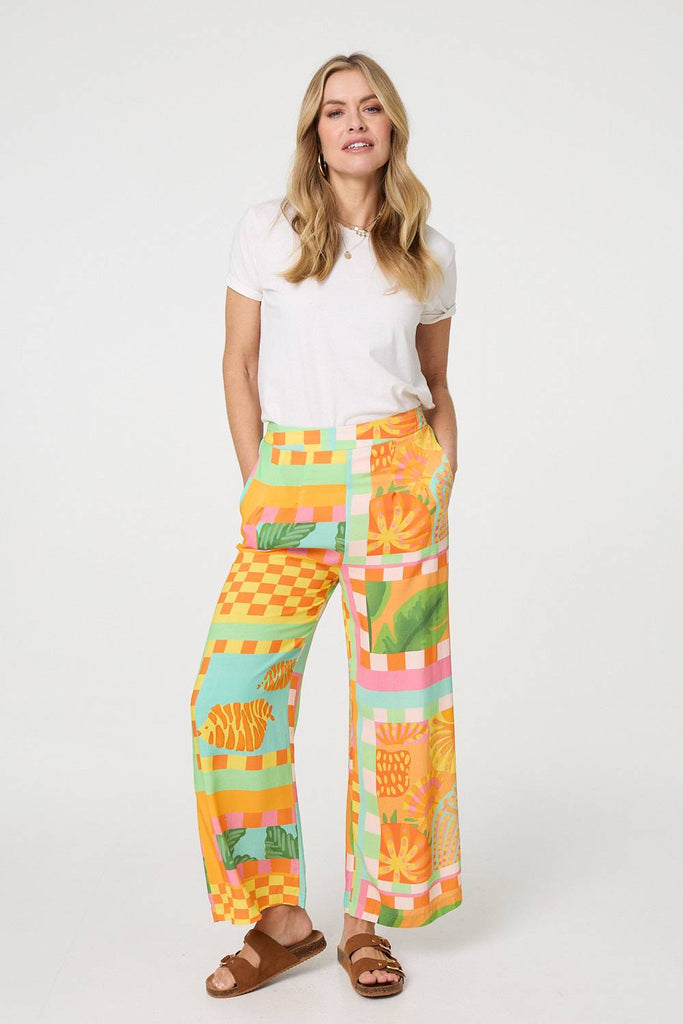 Tropical Tile Print Wide Leg Trousers