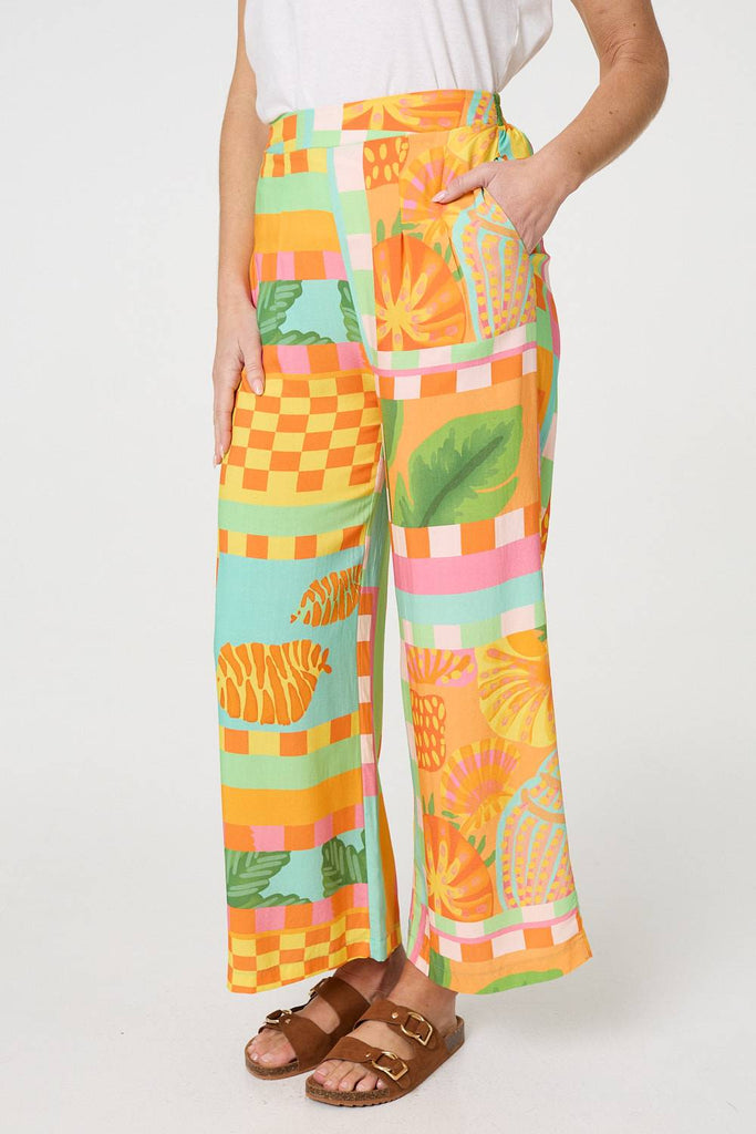 Tropical Tile Print Wide Leg Trousers