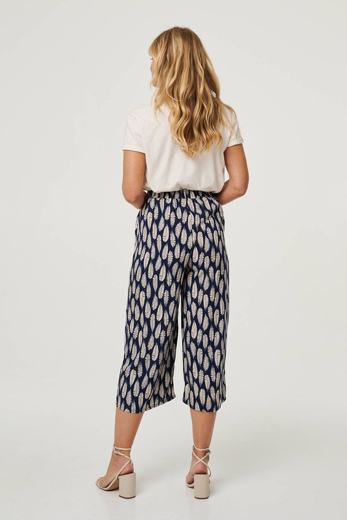 Leaf Print Cropped Wide Leg Trousers