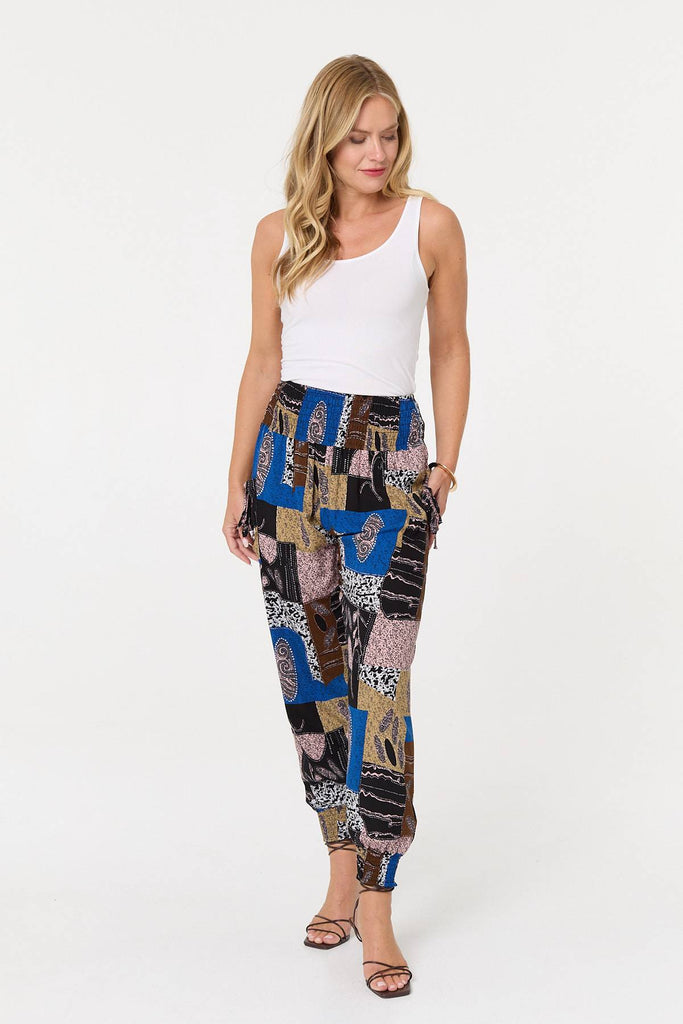 Patchwork Print Pocket Front Harem Pants