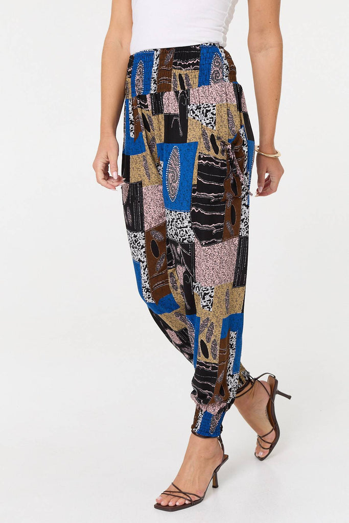 Patchwork Print Pocket Front Harem Pants