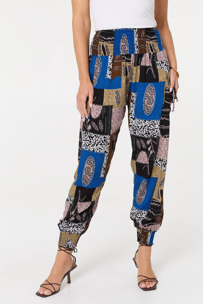 Patchwork Print Pocket Front Harem Pants