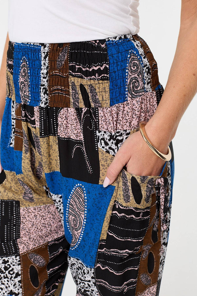 Patchwork Print Pocket Front Harem Pants