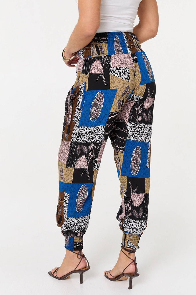 Patchwork Print Pocket Front Harem Pants