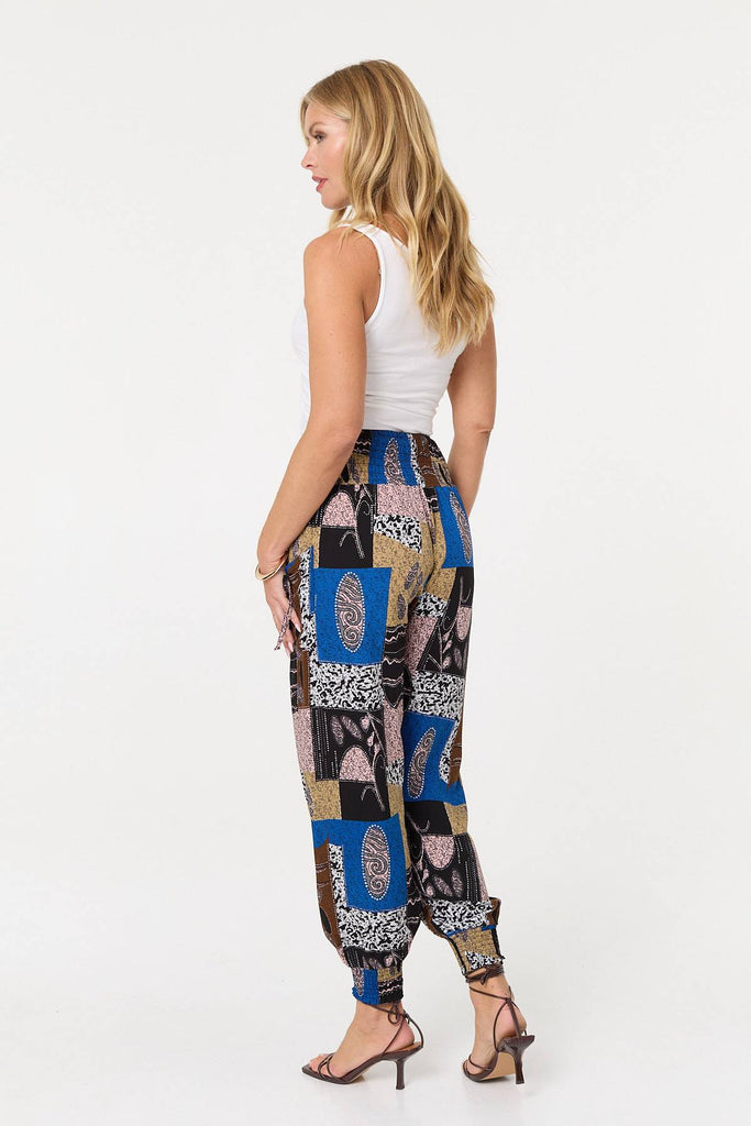 Patchwork Print Pocket Front Harem Pants