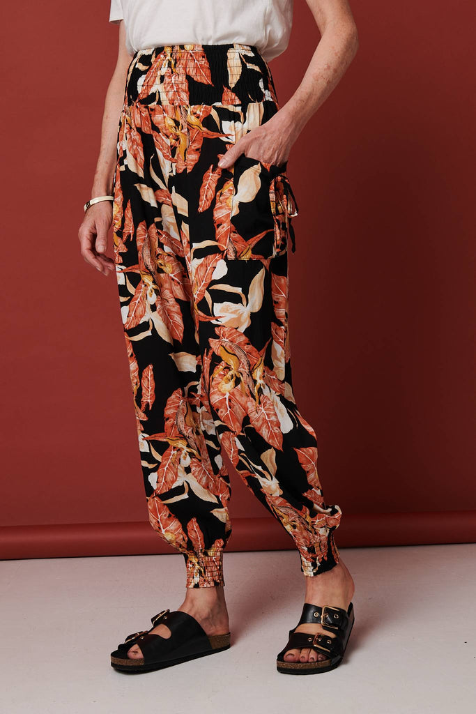 Leaf Print High Waist Tassel Harem Pants