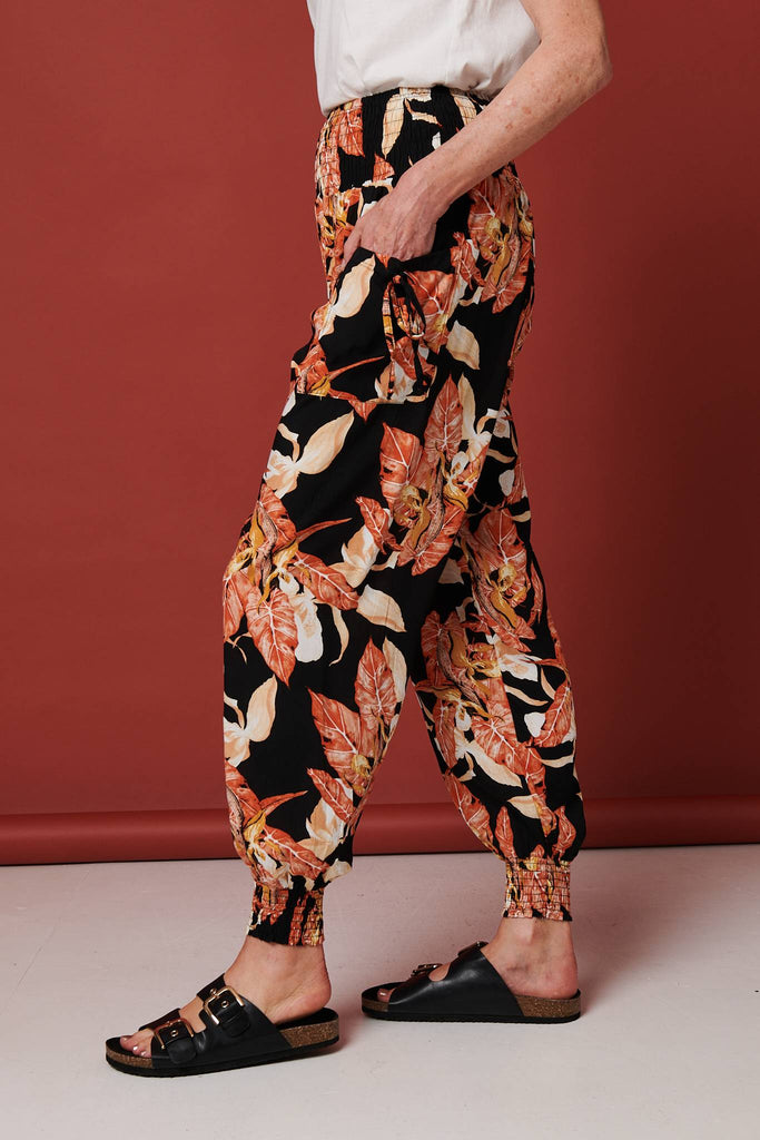 Leaf Print High Waist Tassel Harem Pants