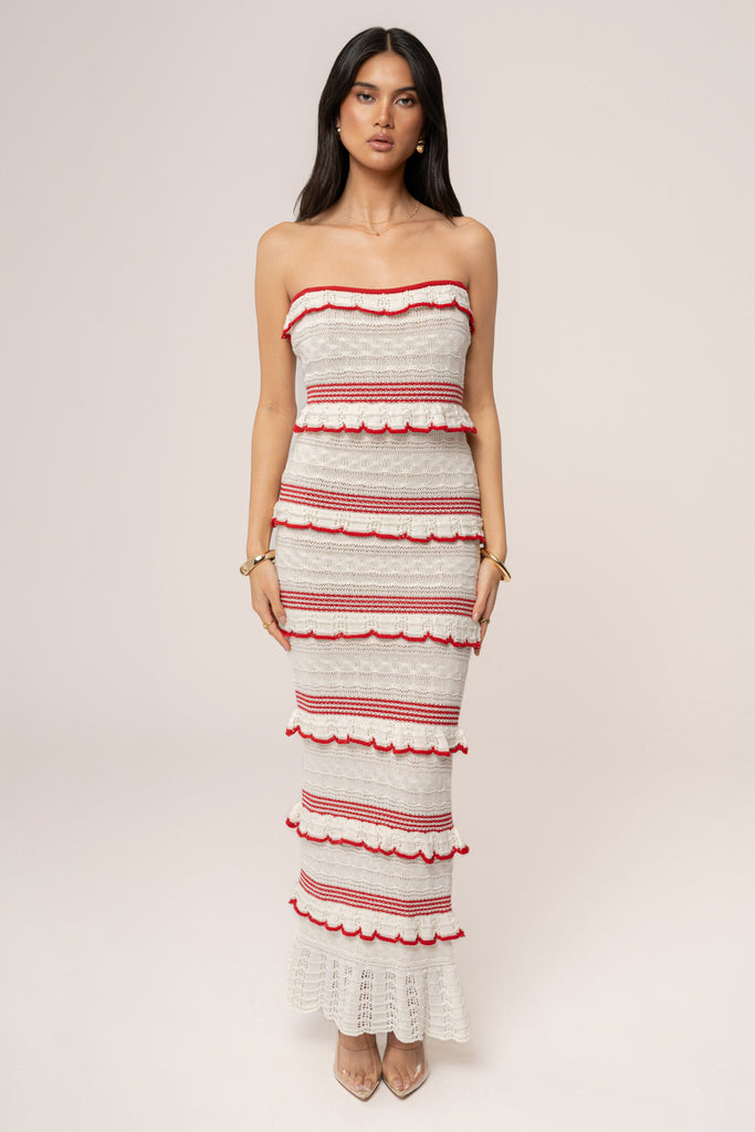 Ivory/Red Bella Vista Ruffle Maxi Dress