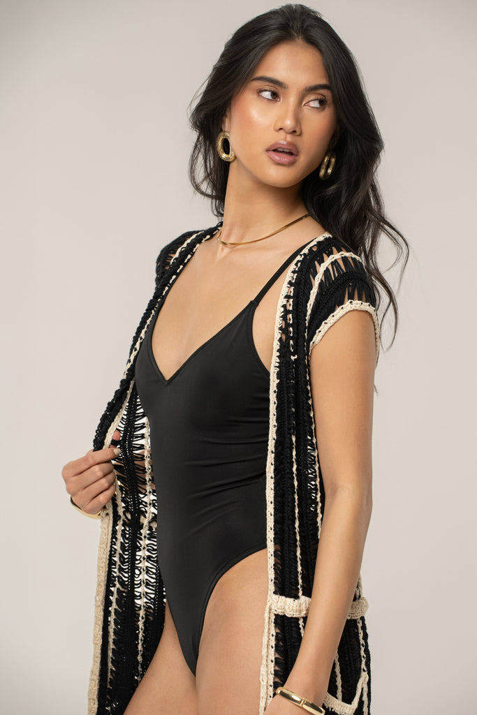 Black/Beige  Marcelle Crochet Maxi Dress