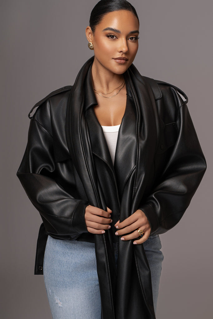 Black Fine Faux Leather Scarf
