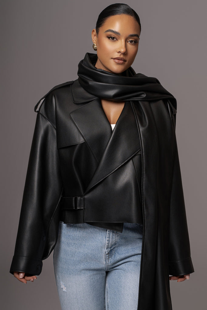 Black Fine Faux Leather Scarf