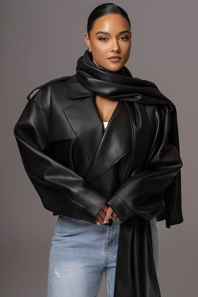 Black Fine Faux Leather Scarf