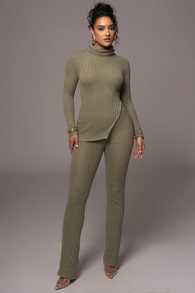 Olive One Call Away Ribbed Turtleneck Top