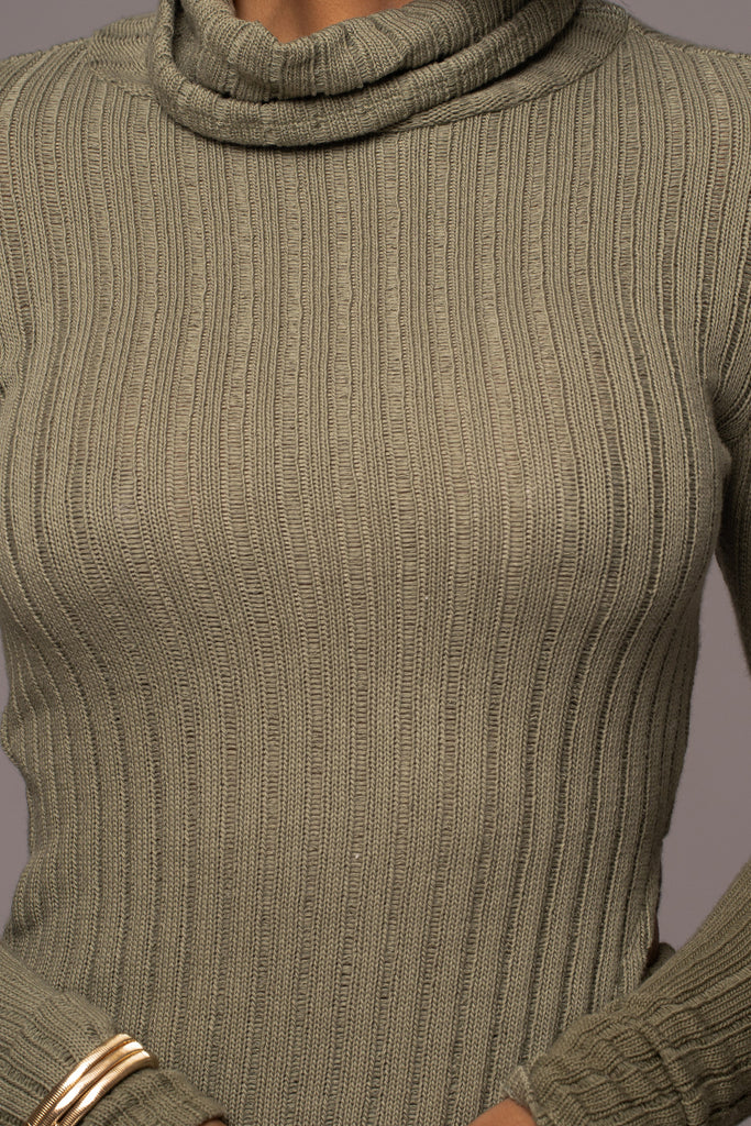 Olive One Call Away Ribbed Turtleneck Top