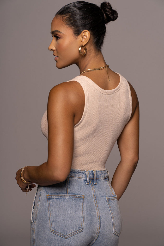 Tan Buttoned Ribbed Tank
