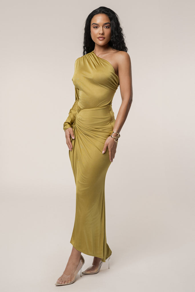 Lime One Shoulder Shirred Bodysuit