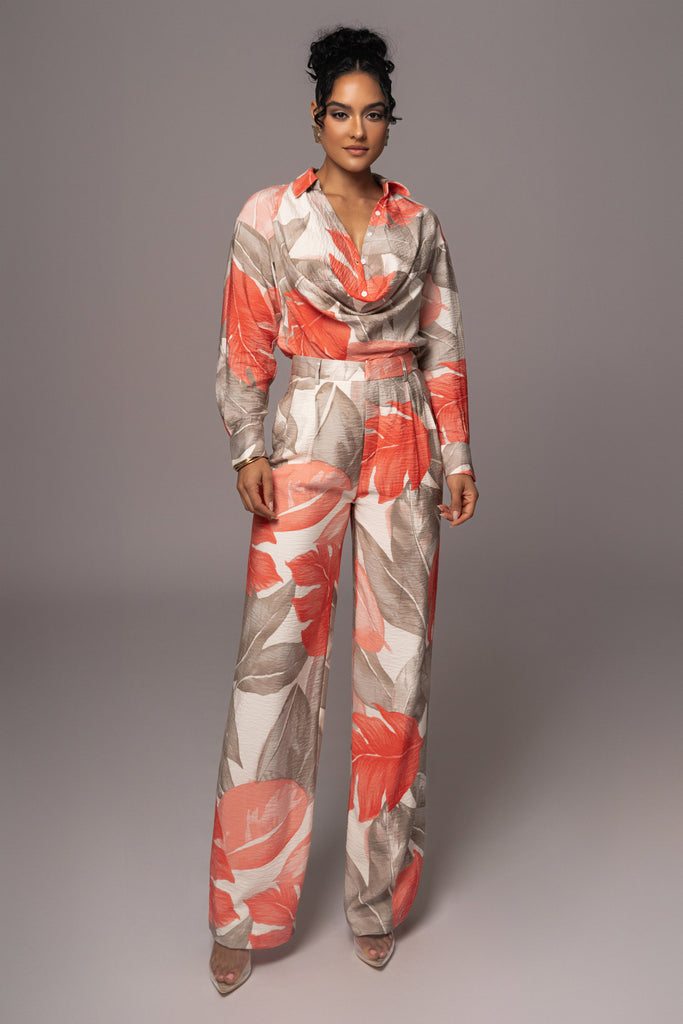 Ivory Palm Print Drew Crinkled Trousers