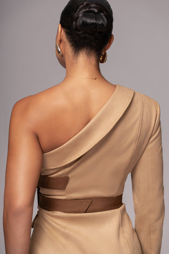 Beige One Shoulder Suede Blazer Dress