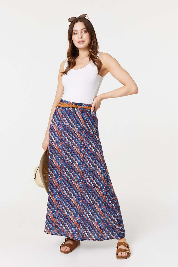 Printed Belt Detail Maxi Skirt