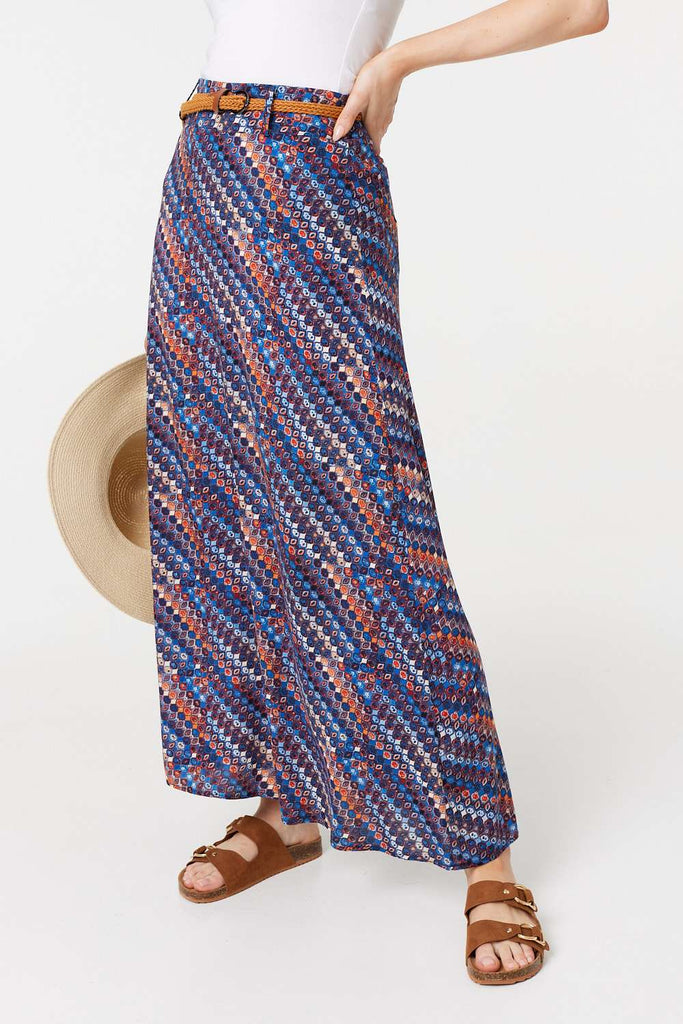 Printed Belt Detail Maxi Skirt