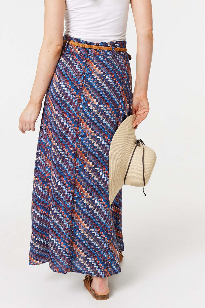 Printed Belt Detail Maxi Skirt