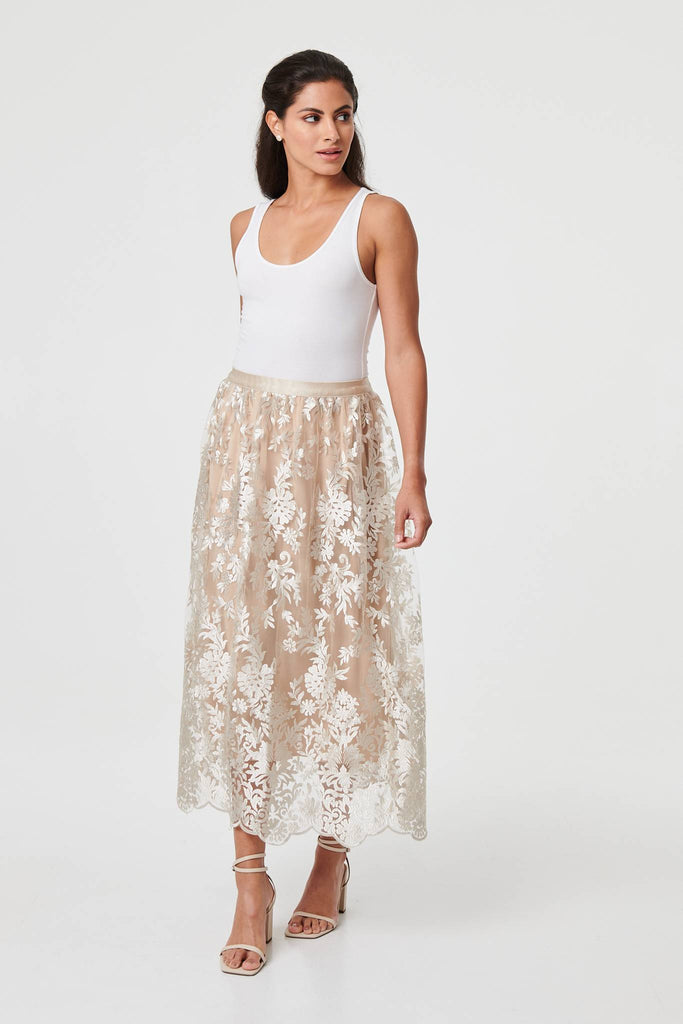 Floral Embellished High Waist Midi Skirt