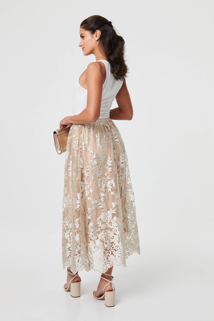 Floral Embellished High Waist Midi Skirt