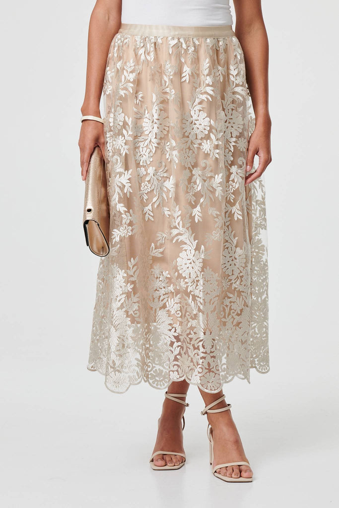 Floral Embellished High Waist Midi Skirt
