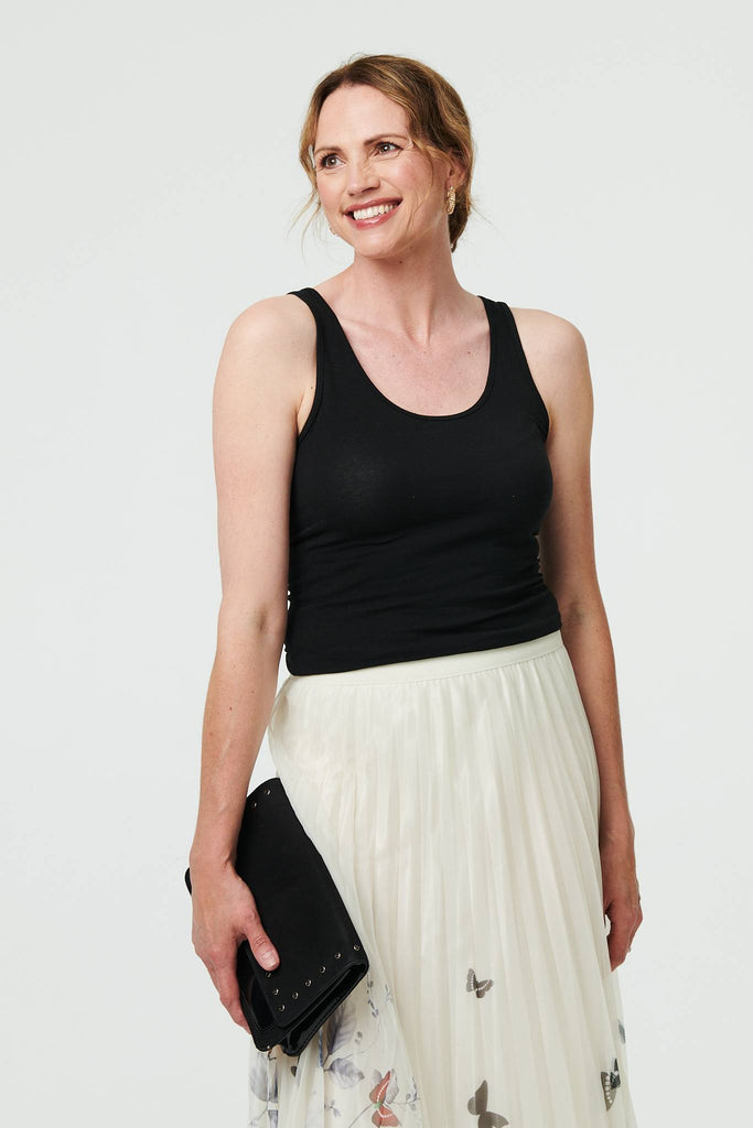 Butterfly Print Pleated Mesh Midi Skirt