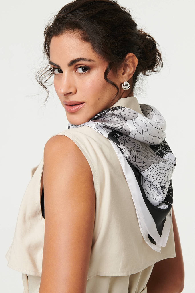 Floral Border Print Satin Square Scarf