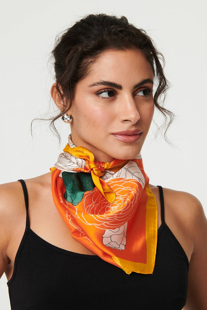 Floral Border Print Satin Square Scarf