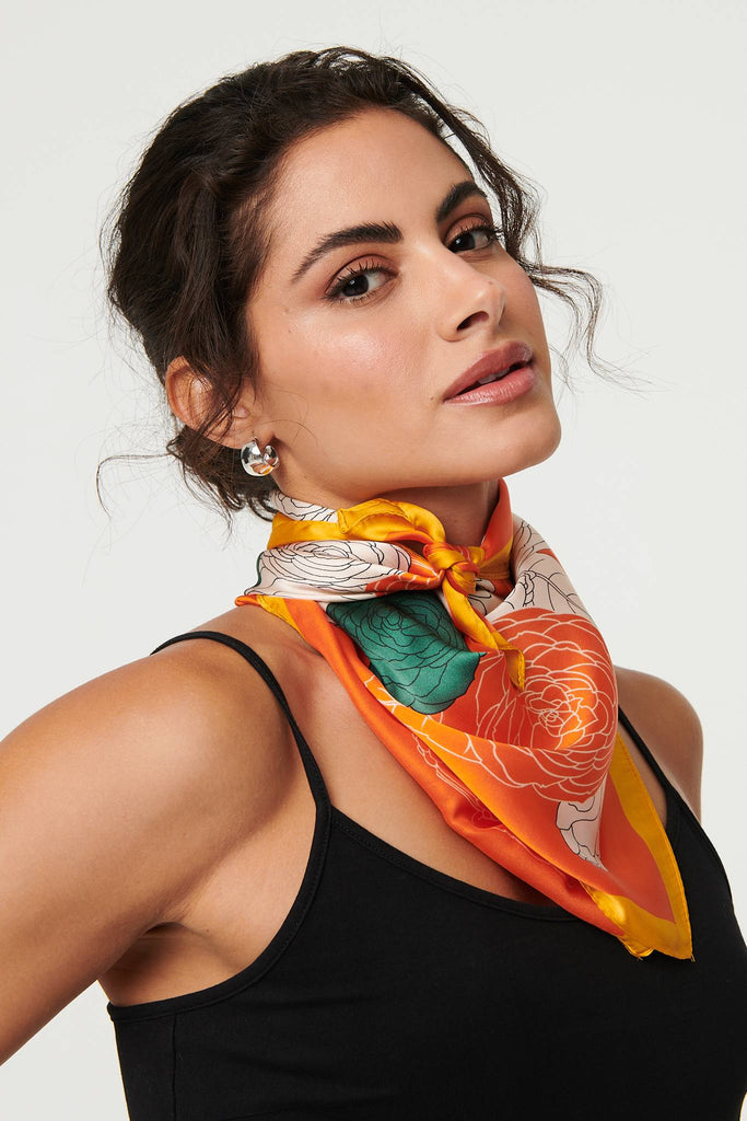 Floral Border Print Satin Square Scarf