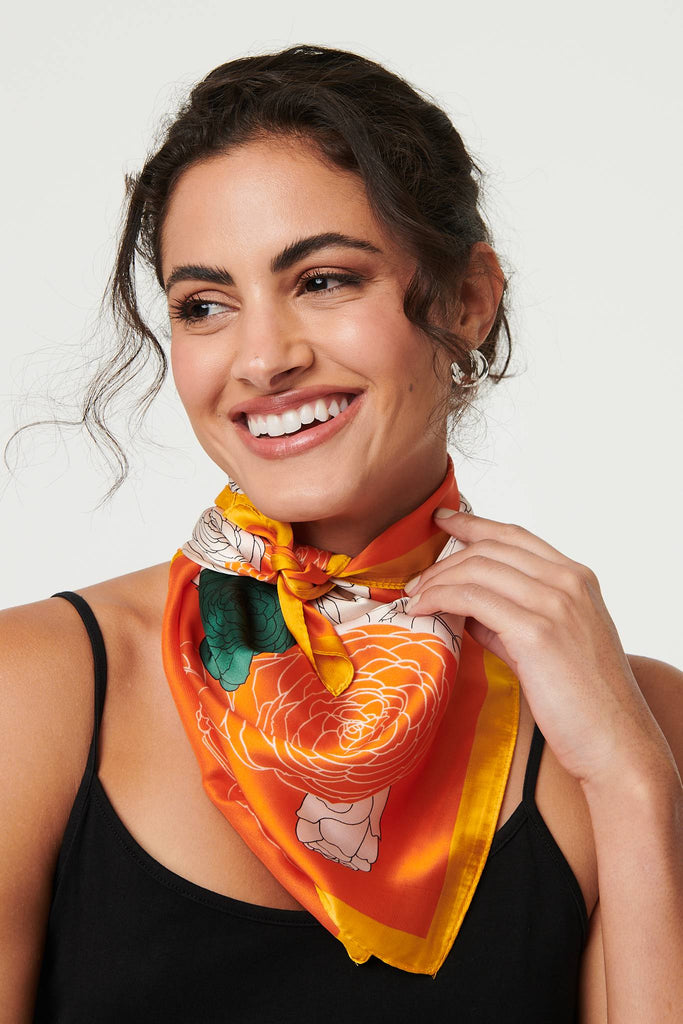 Floral Border Print Satin Square Scarf