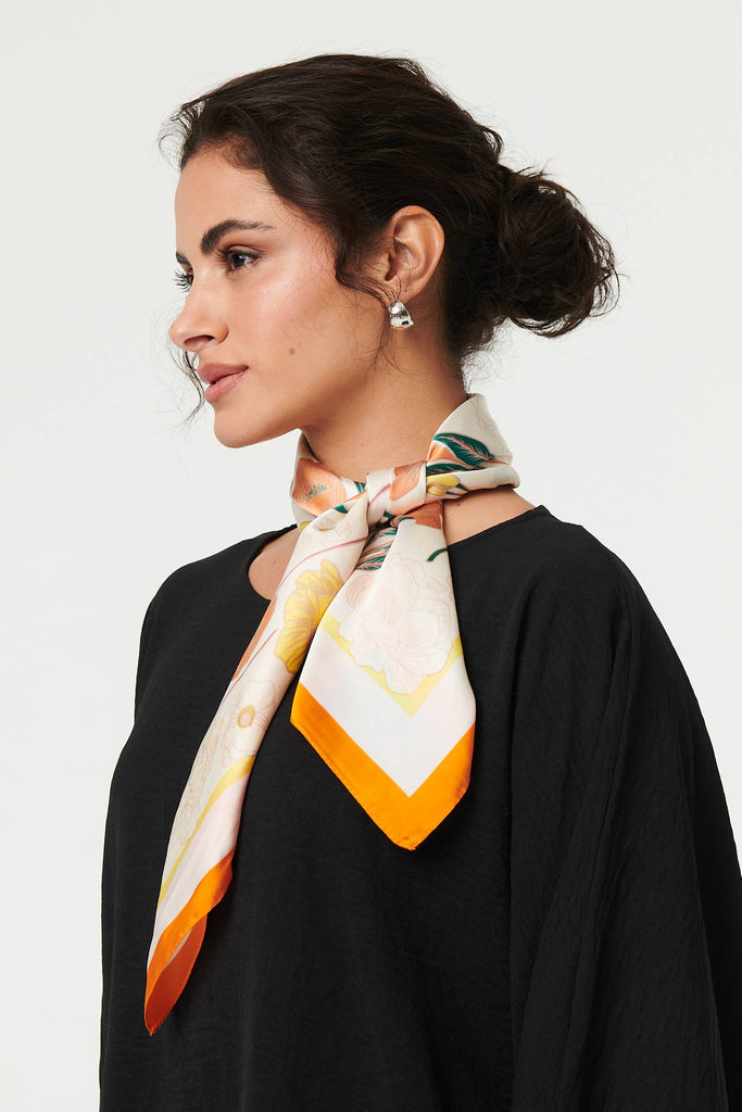 Floral Border Print Slim Square Scarf