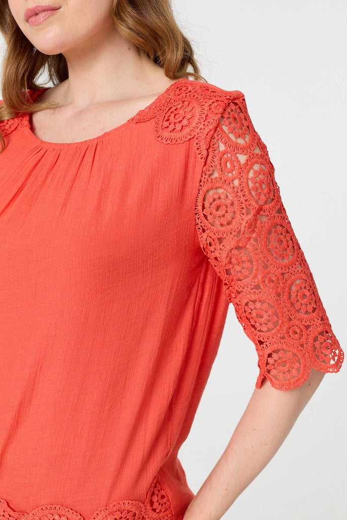 Lace Trim Semi Sheer 1/2 Sleeve Blouse