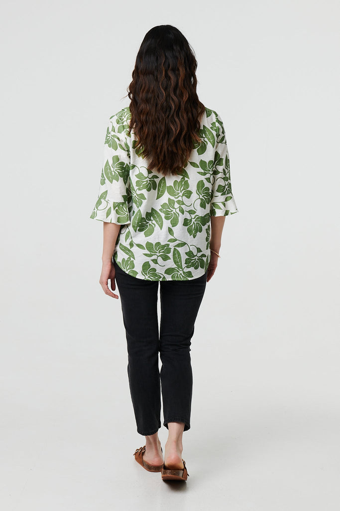 Leaf Print 3/4 Flare Sleeve Blouse