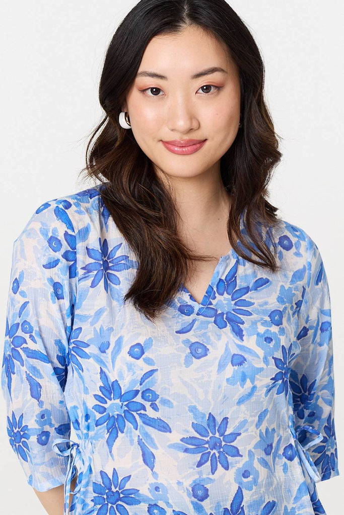 Floral 3/4 Sleeve Tie Detail Blouse