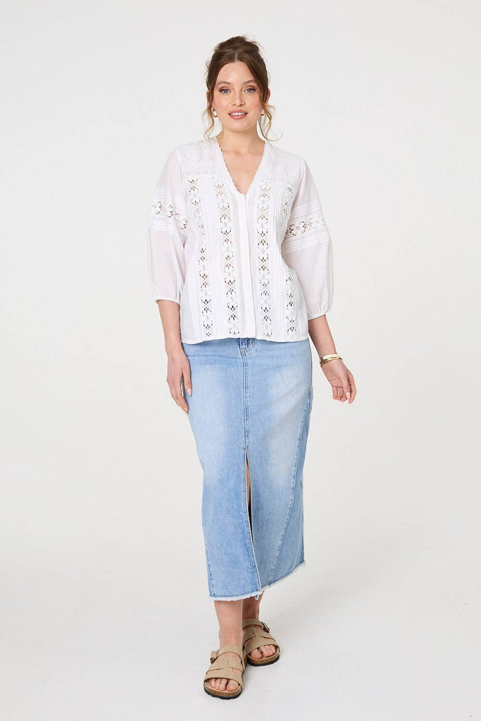 Lace Trim 3/4 Sleeve V-Neck Blouse