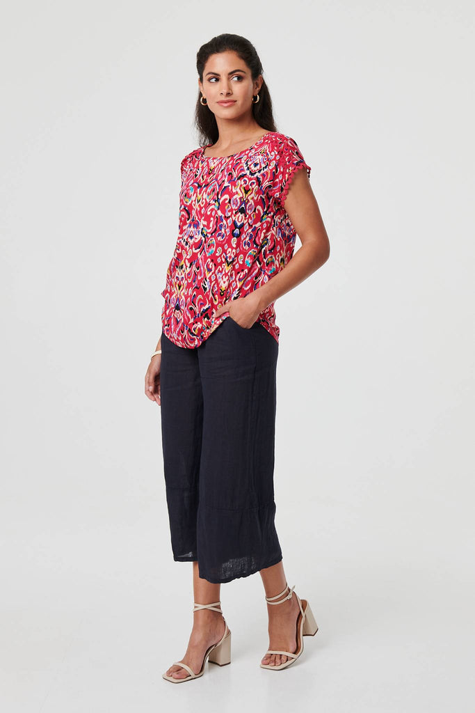 Printed Lace Trim Cap Sleeve Blouse