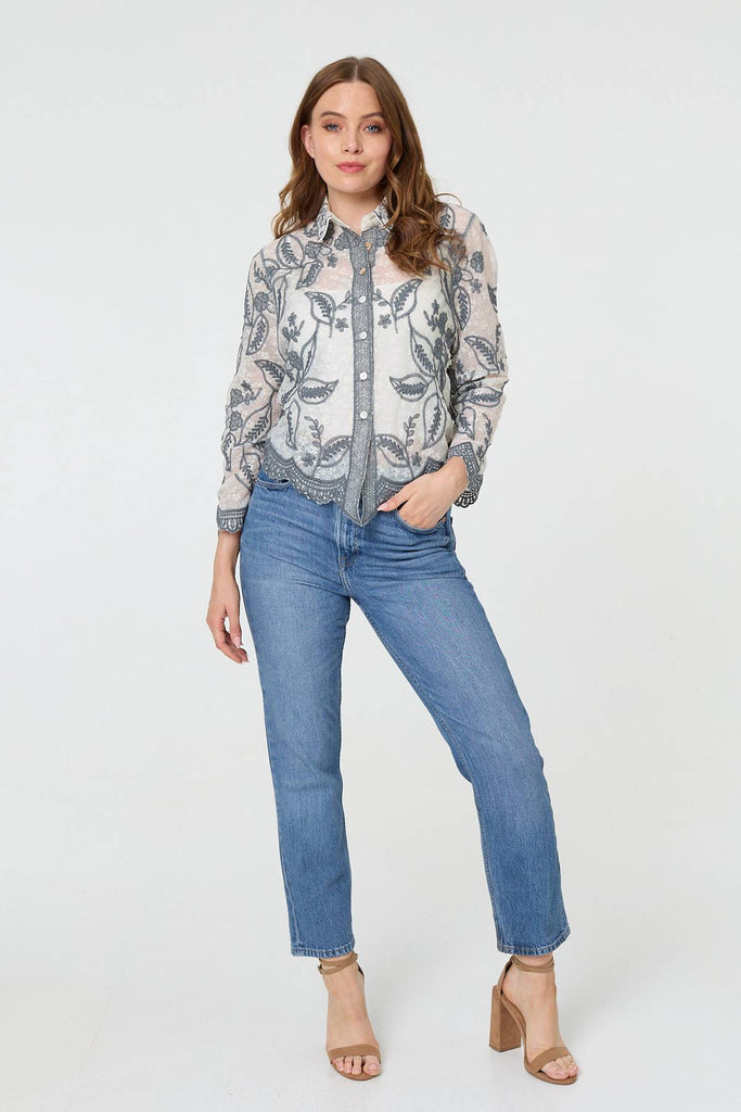 Leaf Embroidered Semi Sheer Lace Shirt