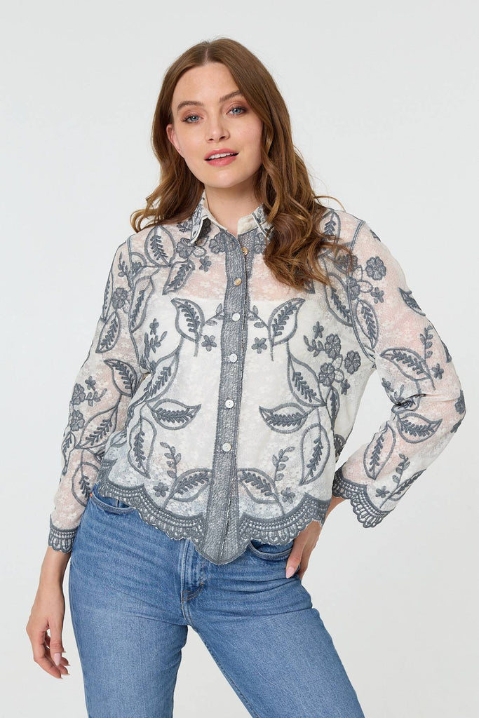 Leaf Embroidered Semi Sheer Lace Shirt