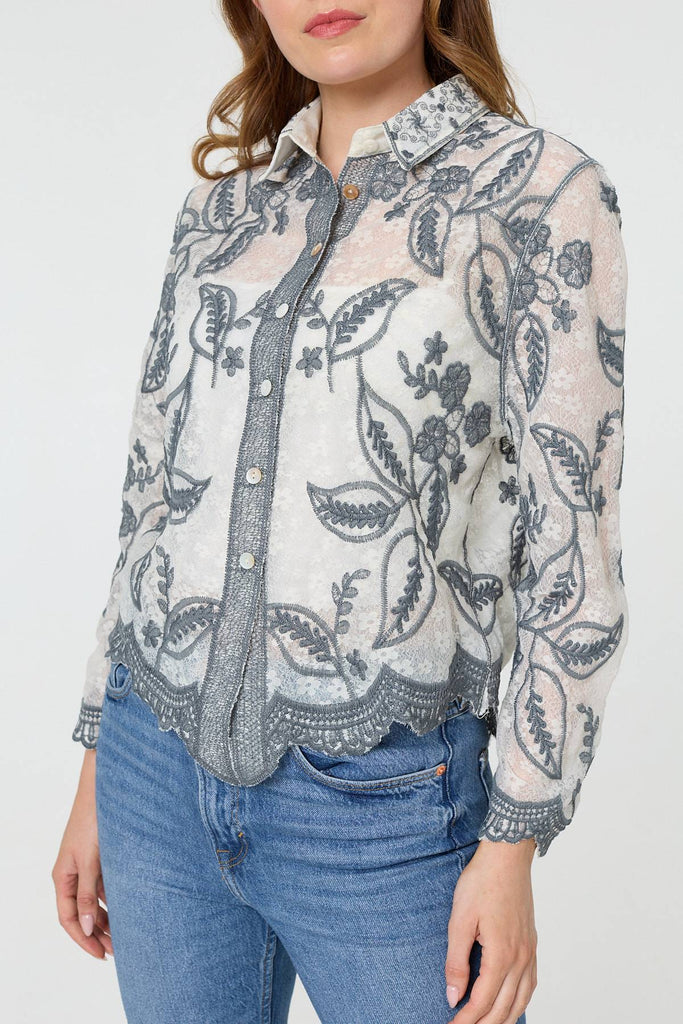 Leaf Embroidered Semi Sheer Lace Shirt