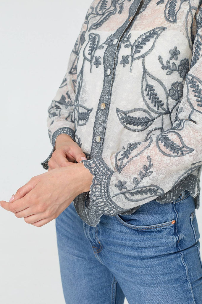 Leaf Embroidered Semi Sheer Lace Shirt