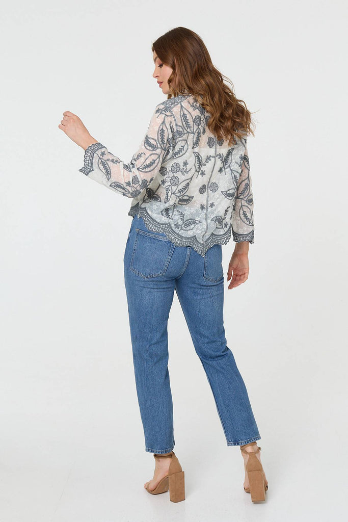 Leaf Embroidered Semi Sheer Lace Shirt