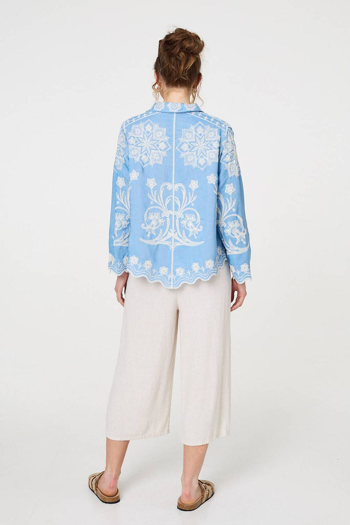 Embroidered Texture Scalloped Hem Shirt