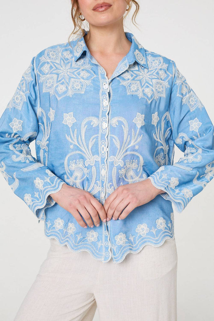 Embroidered Texture Scalloped Hem Shirt